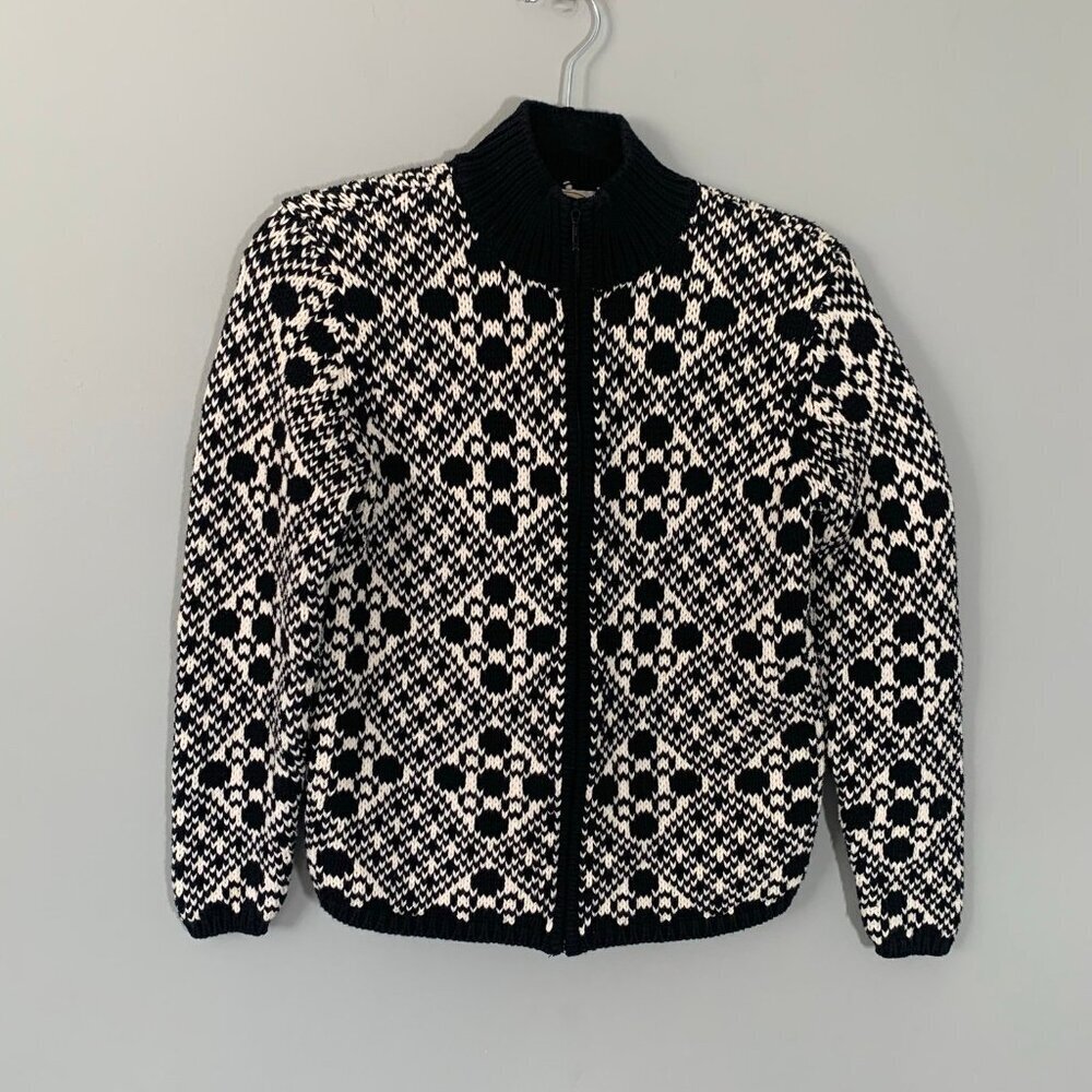 Talbots Womens Black White Geometric Fair Isle Cotton‎ Full Zip Cardigan Sweater